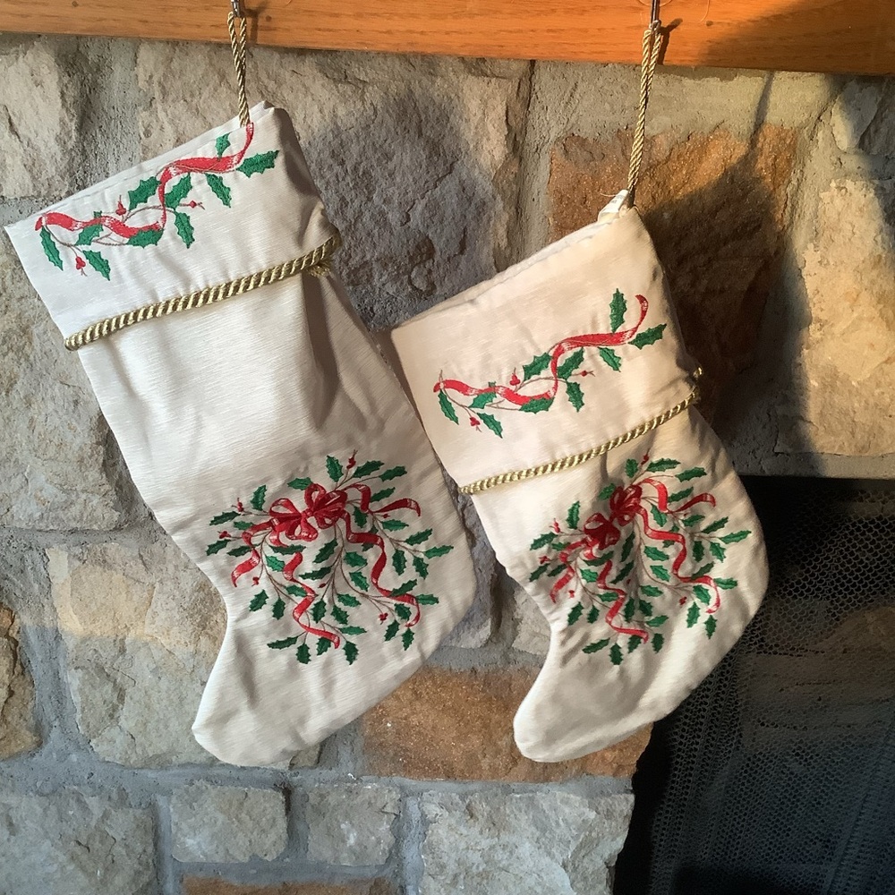 Two Embroidered Holiday Stockings - Cream with Red and Green Accents